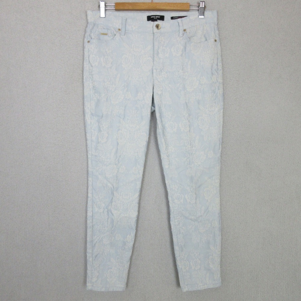 Nine West Gramercy Skinny Ankle Jeans 12 Light Blue Floral Jacquard Damask Pants